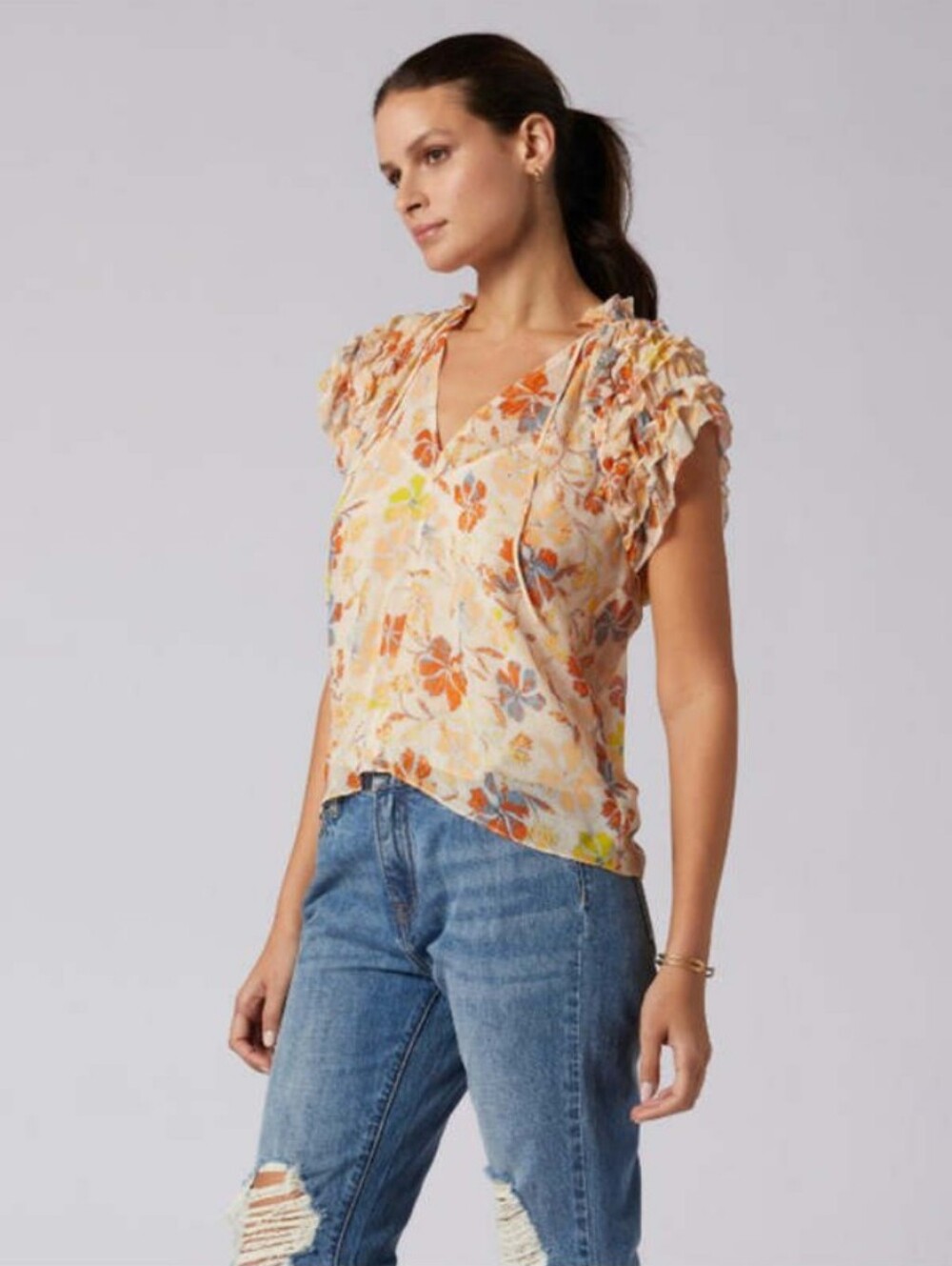 JOIE Tezza Floral Neck Tie‎ Short Sleeve Silk Top
